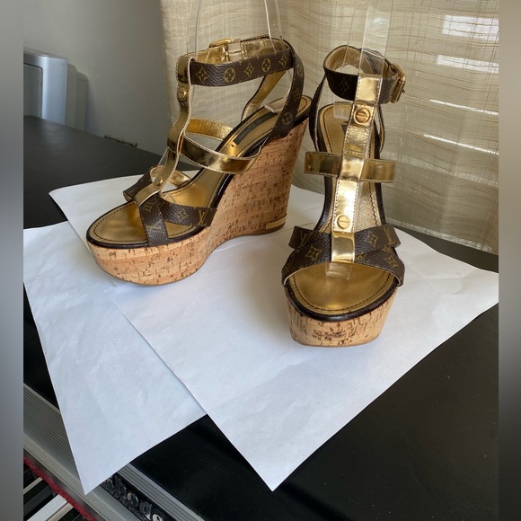 Louis Vuitton Gold Brown Wedge Sandals cork platforms clogs sandals mules monogr - Picture 1 of 10